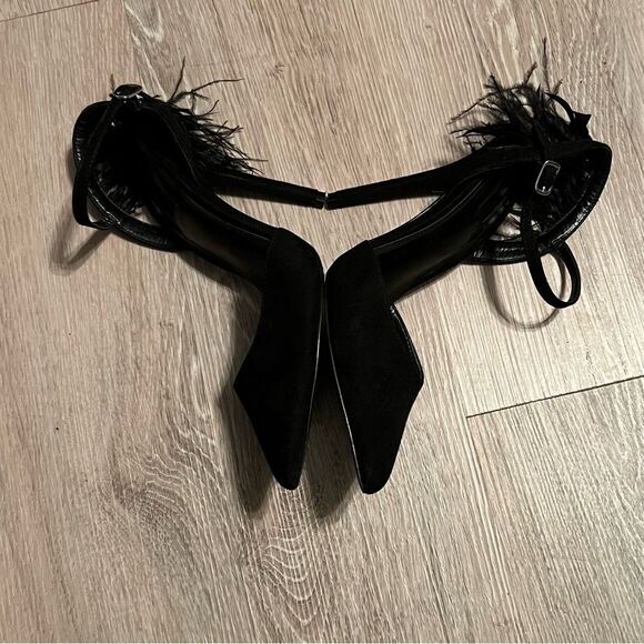 Black Feather Heel Pointed toe Ankle Strap 5” Stiletto Party Whimsigoth Goth 7.5 - Picture 8 of 10